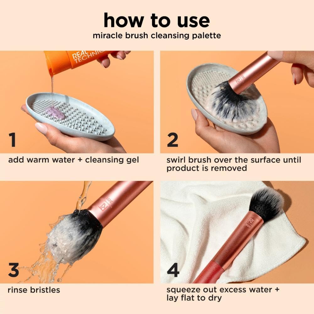 Real Techniques Miracle Brush Cleansing Palette, Makeup Brush Cleaner For Deep Cleaning, Use With Makeup Brush Shampoo, Silicone Ridges & Easy Grip, Includes Cleansing Gel, Cruelty-Free, 3 Count