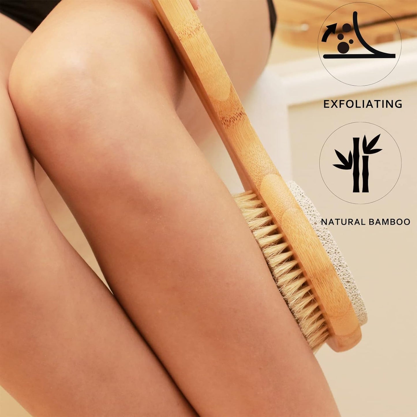 ICANdOIT 2 in 1 Long Handle Bath&Shower Brush,Bath Scrubber,Boar Bristle with Pumice Stone Exfoliate & Soften Skin,Dry Brushing Body Brush for Cellulite&Lymphatic Drainage