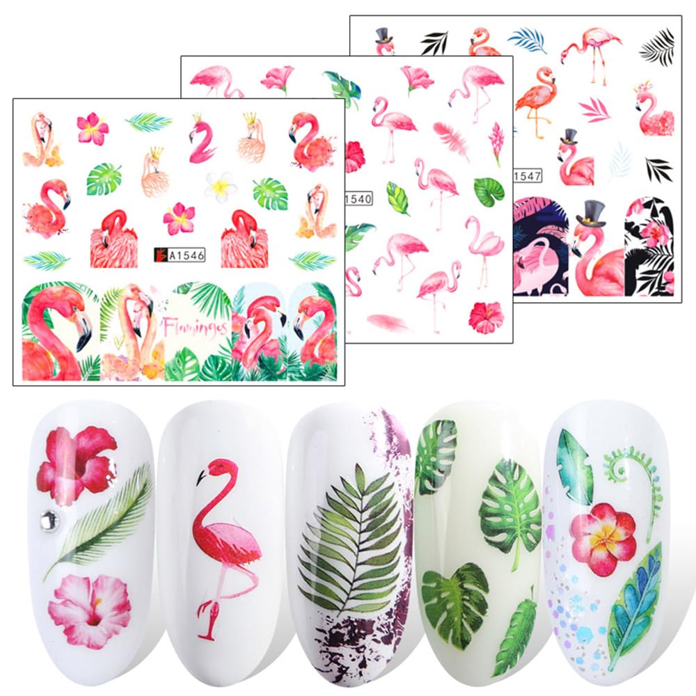 12 Sheet Flamingo Nail Art Stickers Cute Flamingo Green Leaf Design Water Transfer Nail Decals Summer Nail Art Decorations Waterproof Acrylic Nail Stickers for Women DIY Manicure Tips
