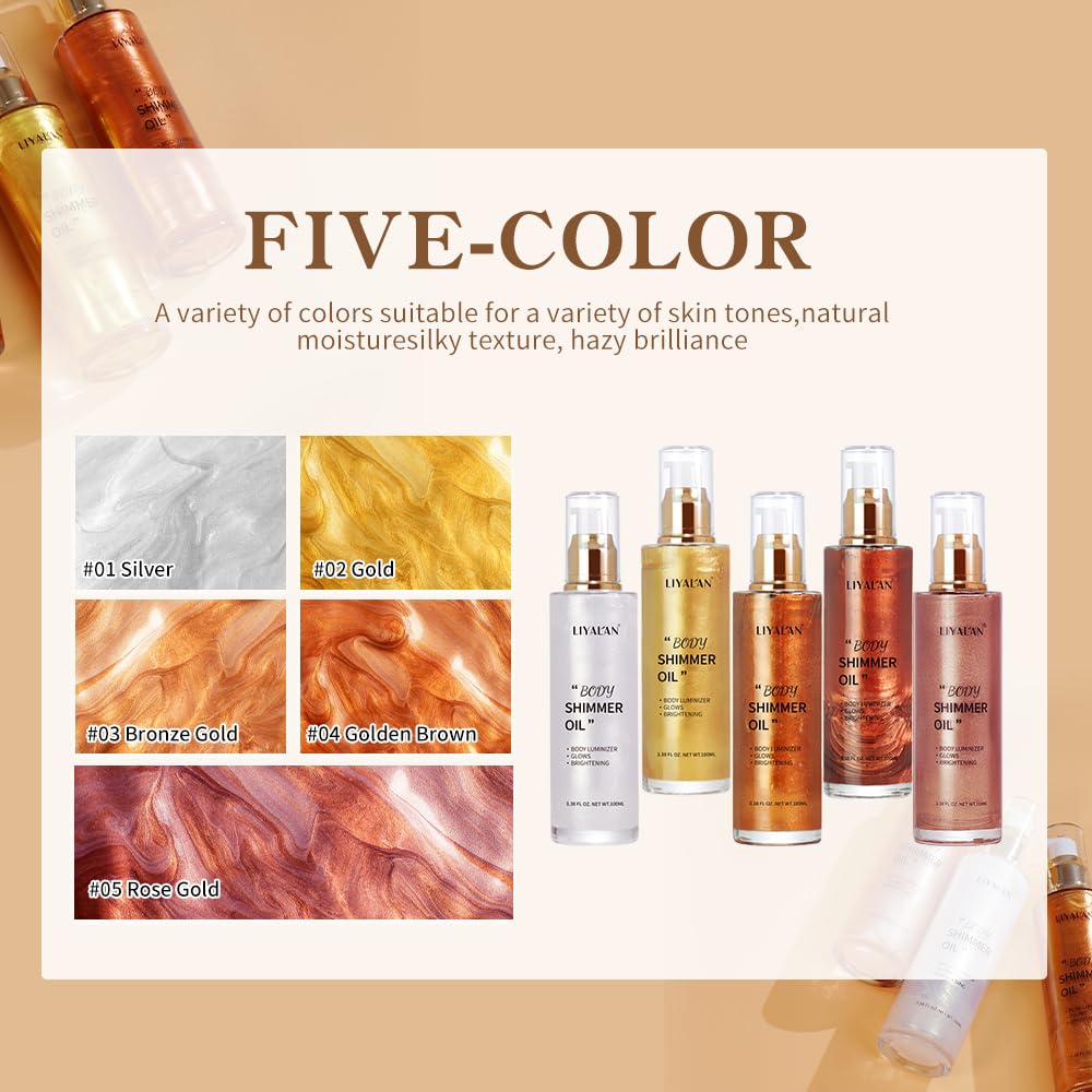 Liyalan Shimmer Body Oil Gold 5 Color Bronze Face Glow Pearl Highlighter Illuminator Body Makeup Shine Glitter Gold Liquid Taning(3.38 Fl Oz/#02)