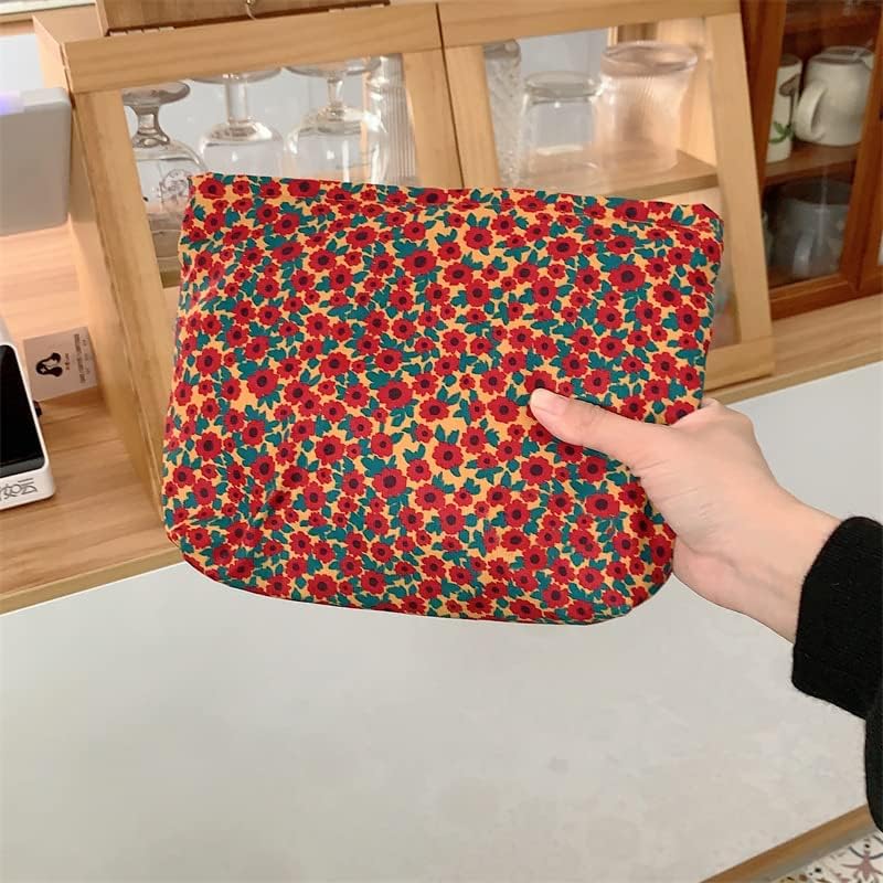 PAZIMIIK Makeup Bag Large Zipper Corduroy Make Up Pouch for Purse Travel Canvas Cosmetic Organizer for Women Brush Storage,Floral Red