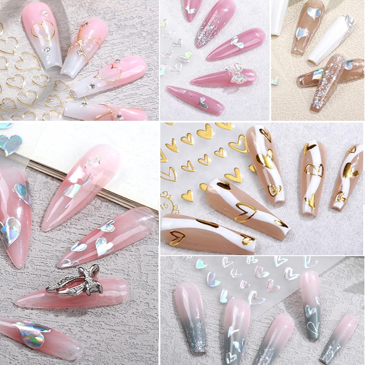 6 Sheets 3D Metallic Heart Nail Art Stickers Self-Adhesive Valentine's Day Nail Stickers Gold Silver Design Heart Charms for Acrylic Nails Tips Love Nail Decals for Women Valentines Nails Decoration