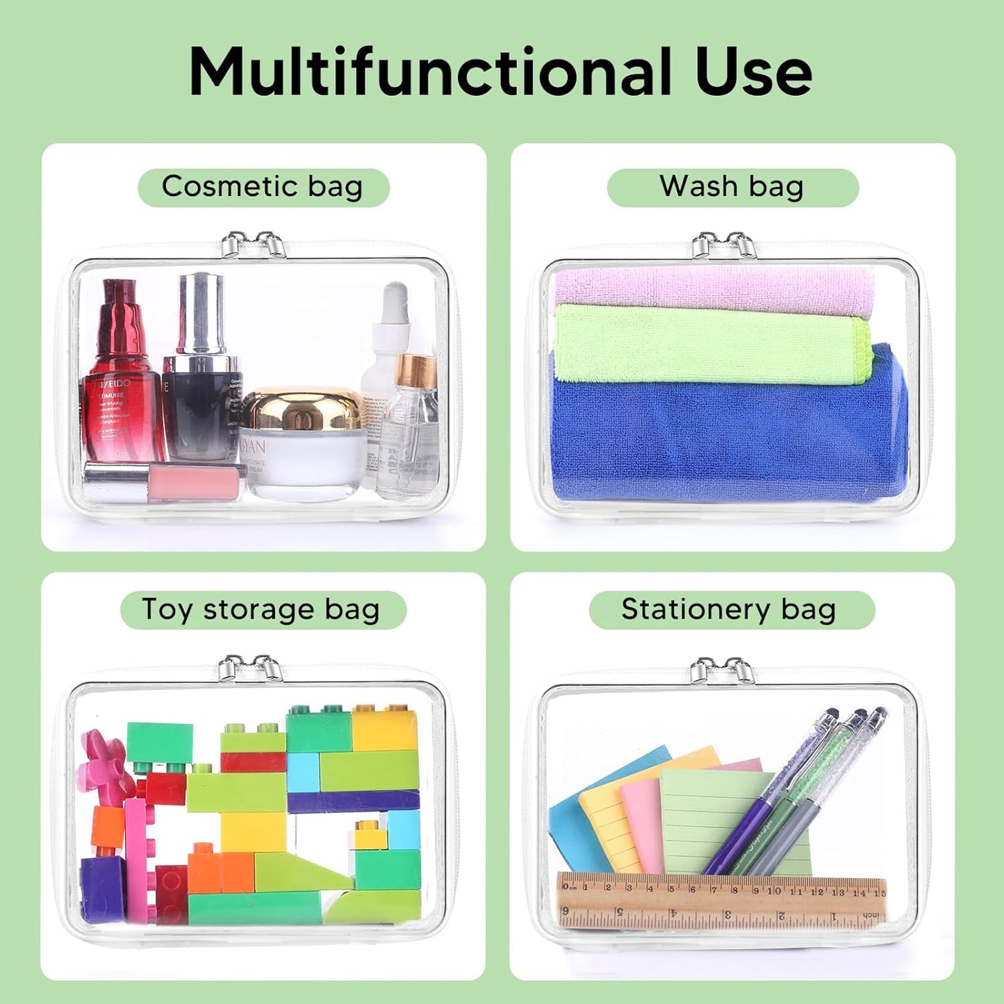 2 Pcs Clear Hard Zipper Case, Hard PC Plastic Cosmetic Travel Bag, Portable Travel Organizer Bins, Durable Makeup Bags for Toy Storage, Pencil Case(White Zipper)