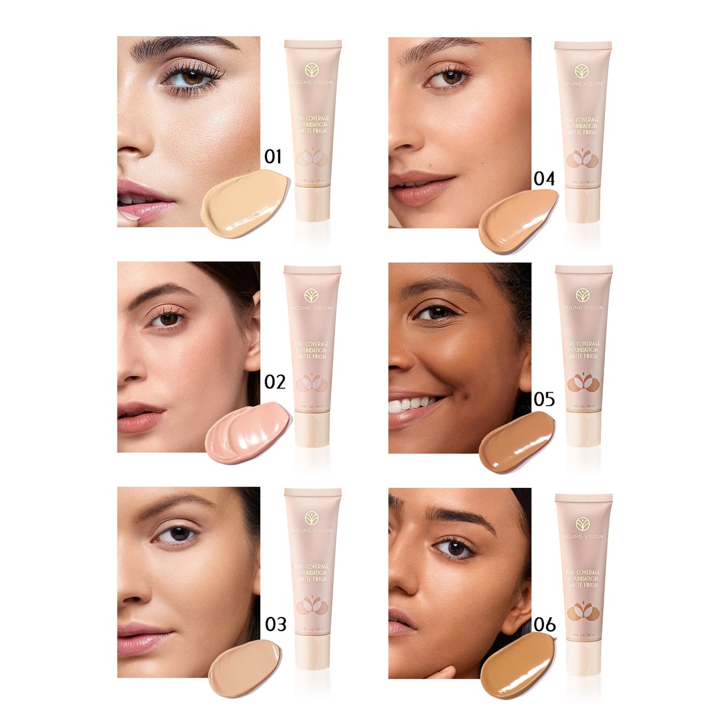 YOUNG VISION Full Coverage Longwear Foundation, Matte Finish, Waterproof, Poreless Liquid Foundation Makeup, 1 fl.oz