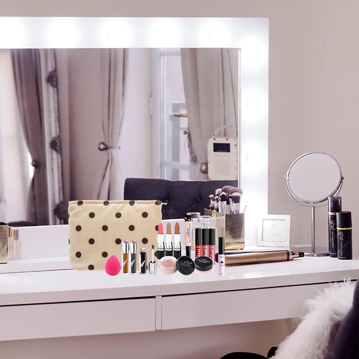 PAZIMIIK Makeup Bag Large Zipper Corduroy Make Up Pouch for Purse Travel Canvas Cosmetic Organizer for Women Brush Storage,Polka Dot Beige