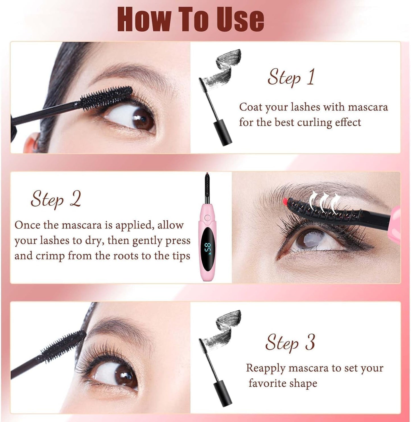 Heated Eyelash Curlers Electric Eyelash Curler with LED Display, 3 Temperature Modes Anti-Burn USB Rechargeable Natural Curling 24H Long Lasting for Women Makeup Tools Gifts (Pink)