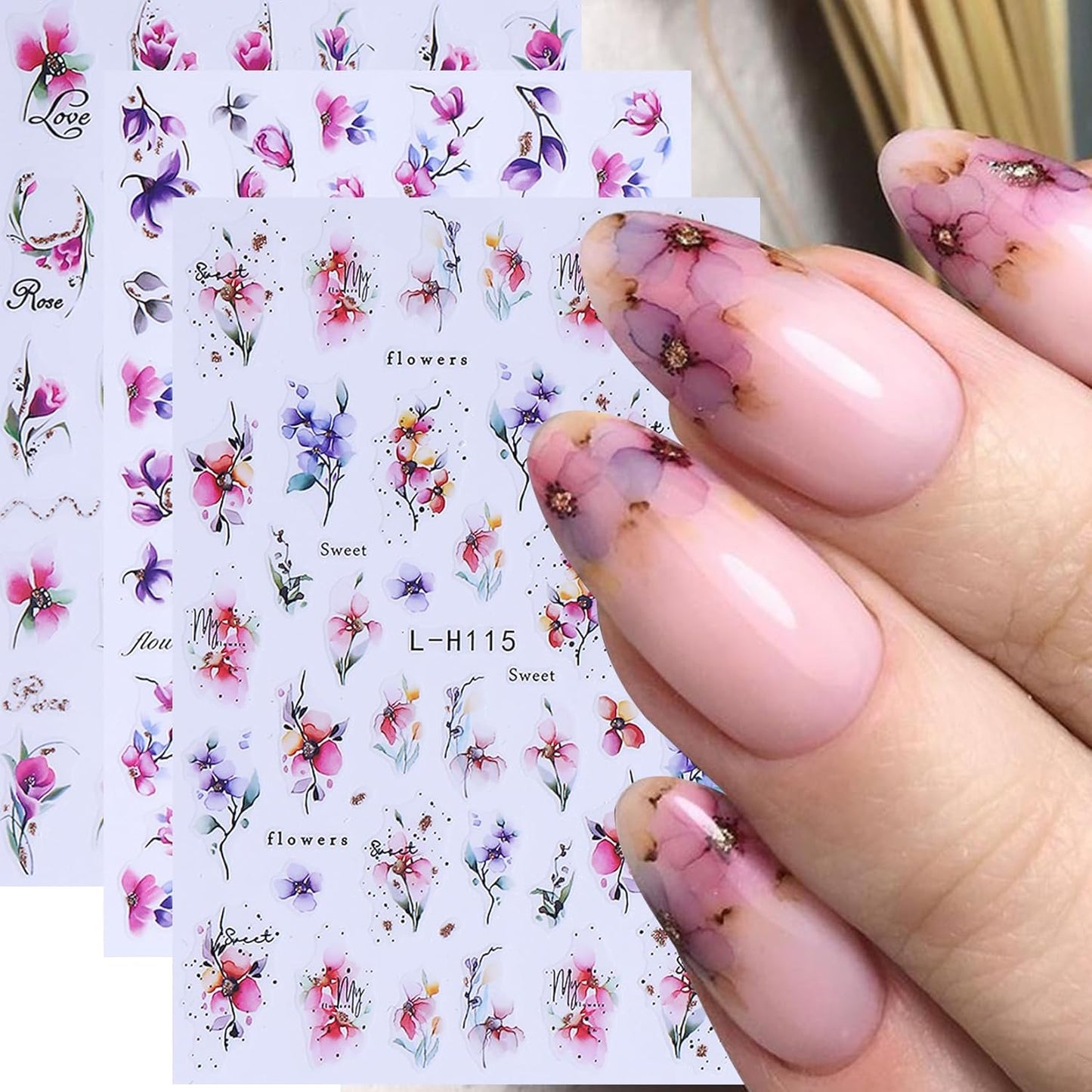 Ink Flower Nail Art Stickers 12 Sheets 3D Self-Adhesive Nail Decals with Tweezers Watercolor Floral Leaves Stickers Charming Blossom Flowers Designs Nail Art Supplies Manicure Accessories for Women
