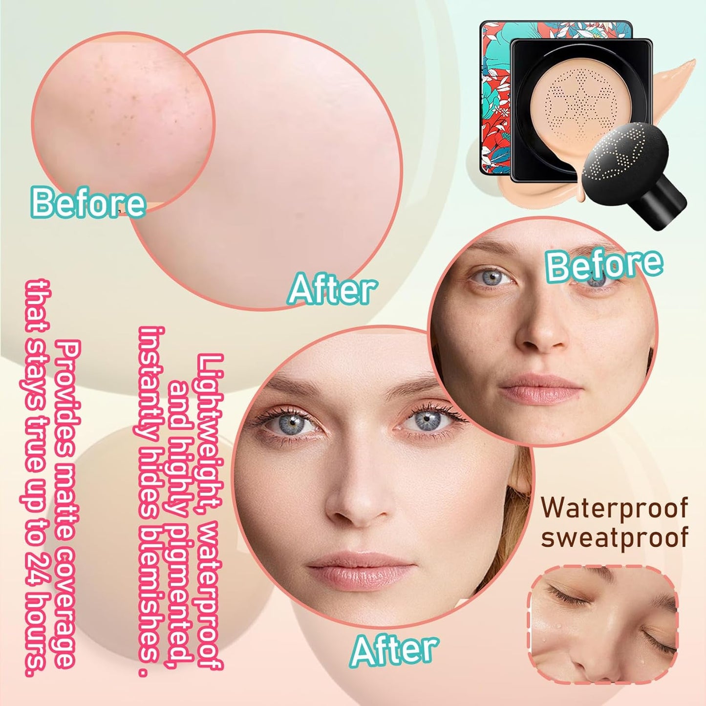 Mushroom Head Air Cushion CC Cream Foundation Set,Includes Full Coverage Foundation,Moisturizing BB Cream,Waterproof Loose Setting Powder,Black Petal Brush and Pink Makeup Sponge