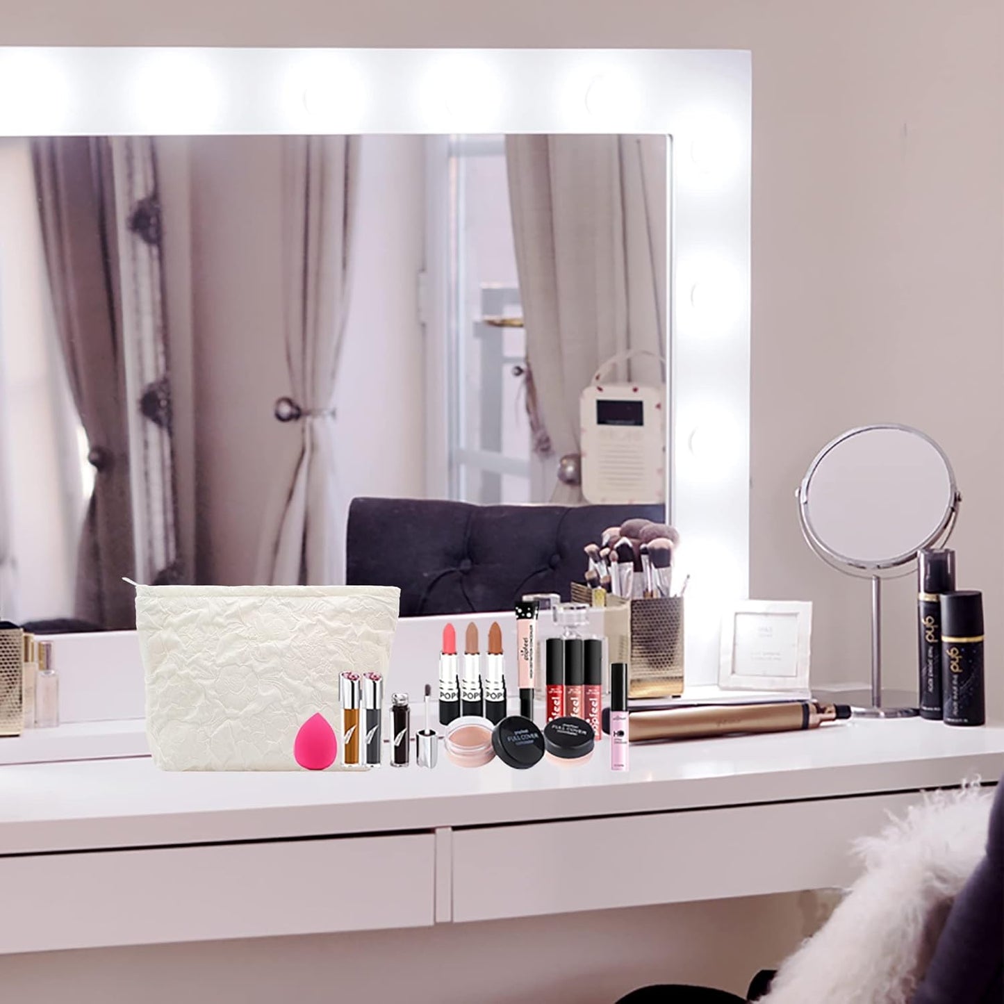 Makeup Bags for Purse Zipper Cosmetic Pouch Large Travel Canvas Make Up Organizer Tool Pouch for Women and Girls,Flower Ivory