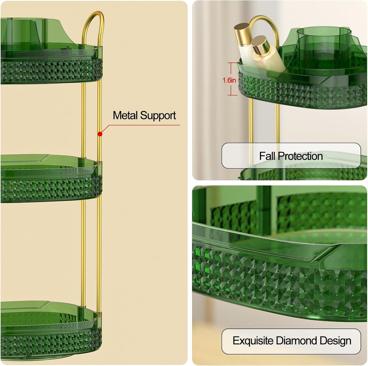 Rotating Makeup Organizer for Vanity 3 Tier, Perfume Organizer with Makeup Brush Holder, Large Capacity Cosmetics Clear Skincare Organizer for Countertop (Green)