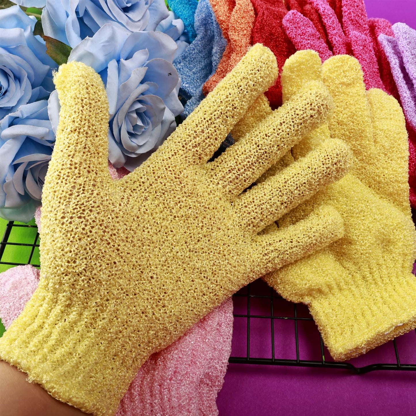 16 Pcs Exfoliating Bath Gloves Shower Gloves, 8 Colors Double Sided Exfoliating Gloves for Beauty Spa Massage Skin Shower Body Scrubber Bath Accessories, Made of Nylon