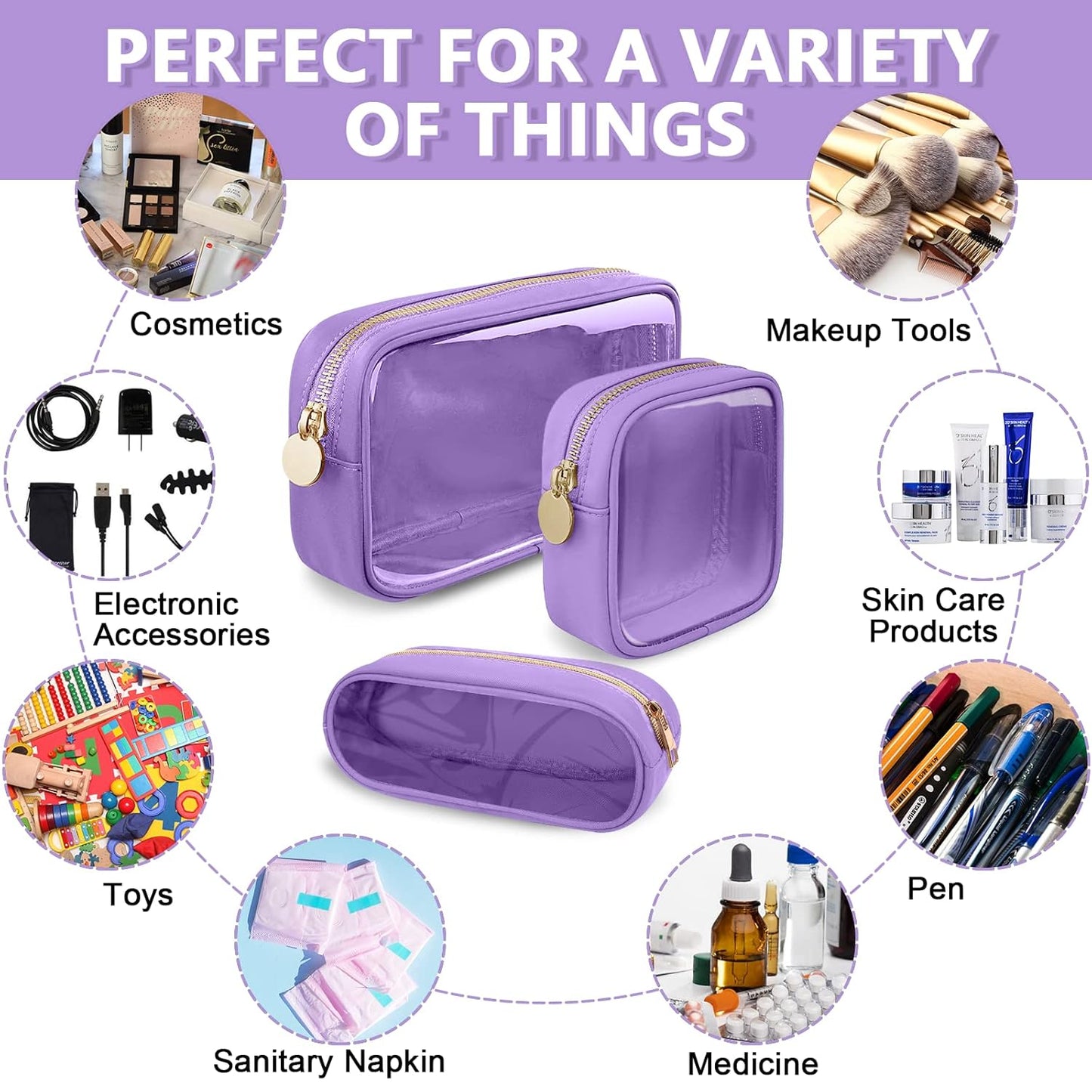 Clear Small Pencil Pouch Makeup Bag for Purse,Nylon&PVC Pencil Case Waterproof Makeup Brush Holder with Zipper,Preppy Transparent Pen Bag Travel Cosmetic Bag for Women Men Office(Slim-Purple)