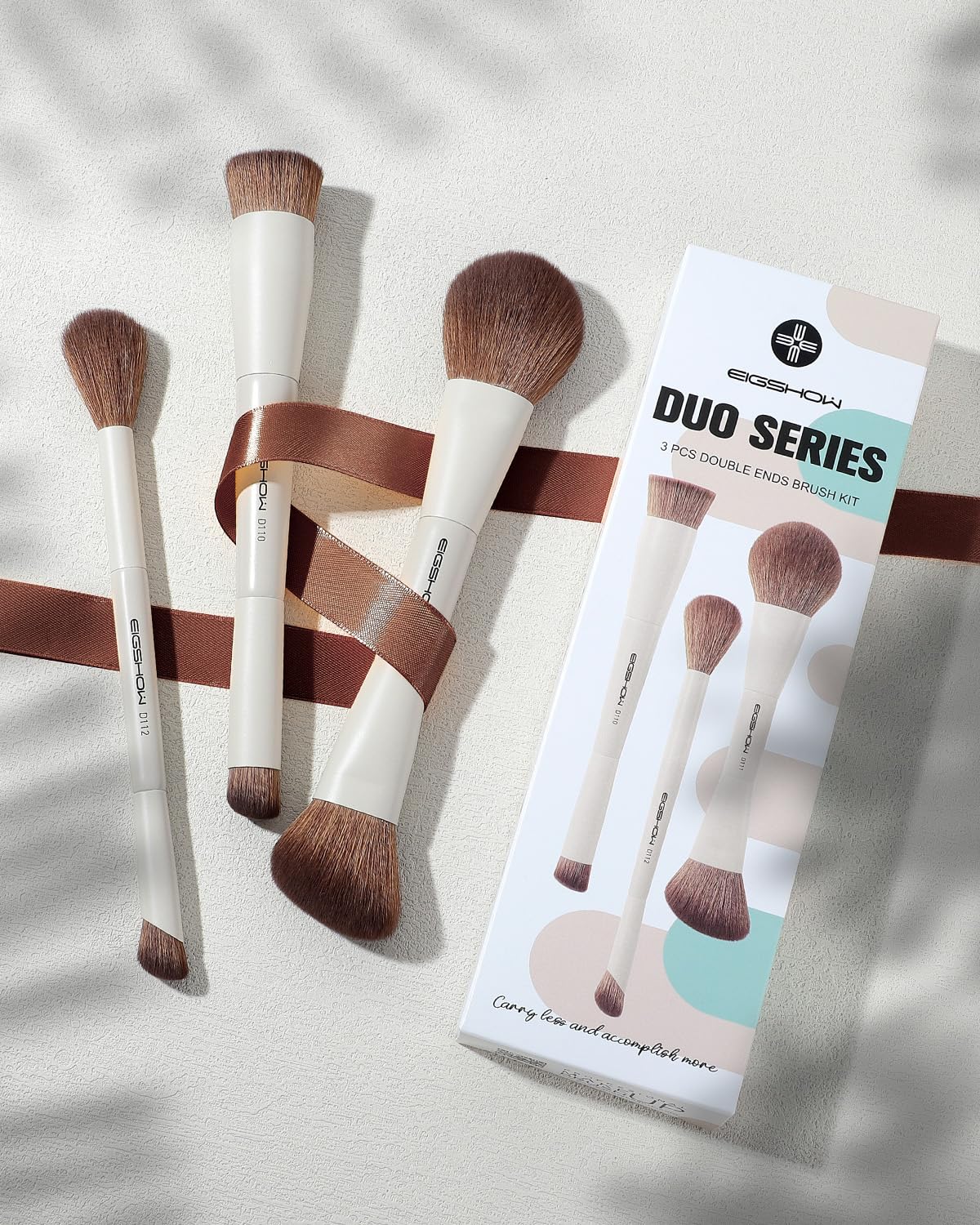 EIGSHOW Makeup Brush Set, 3Pcs Double Ended Face Makeup Brushes for Foundation Powder Contour Highlight Concealer Nose Shadow, Travel Gift Set (Beige)