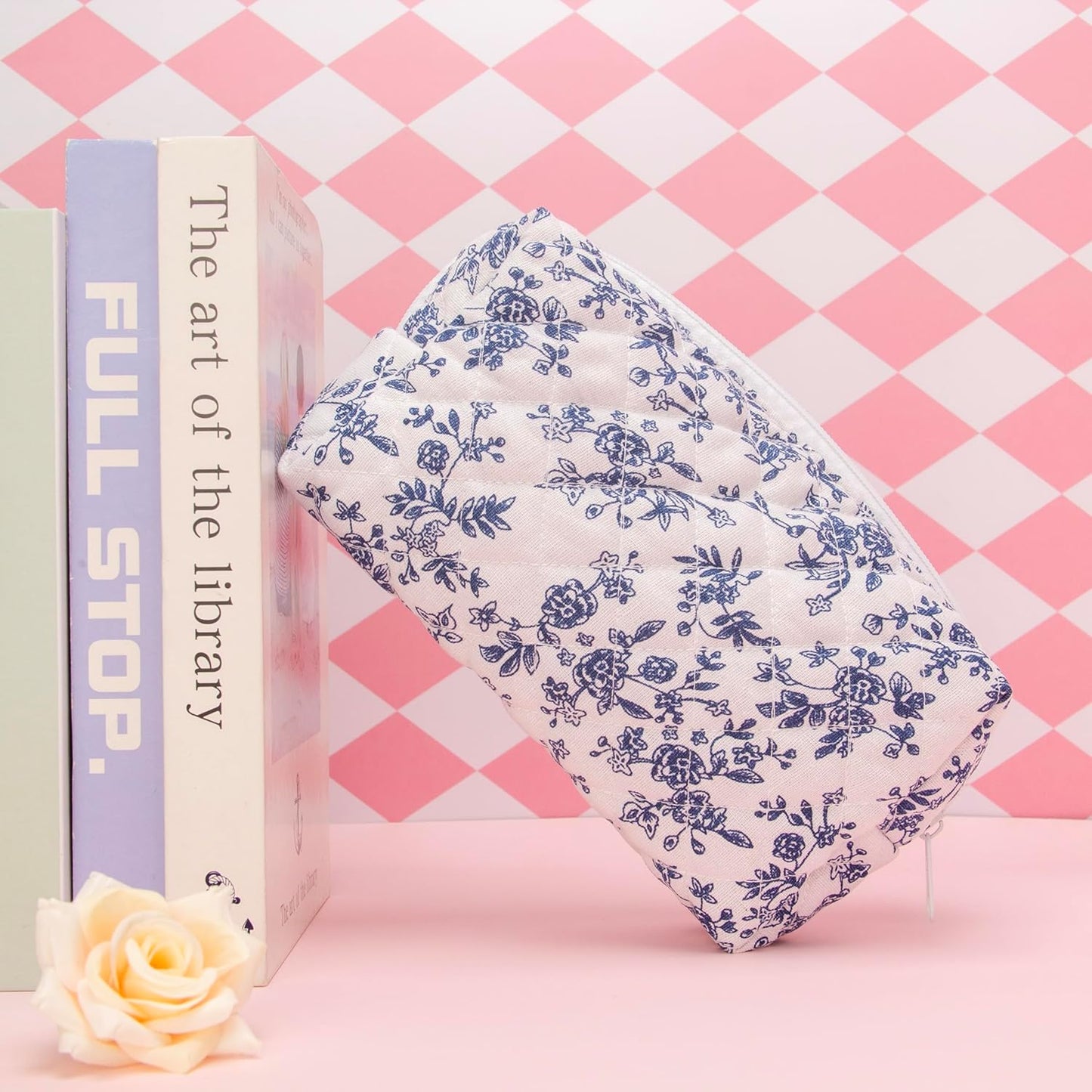 PAZIMIIK 6PCS Vintage Quilted Makeup Bag SET Cosmetic Pouch for Brushes Pencils and Travel Make Up Accessories for Women and Girls Jouy Blue