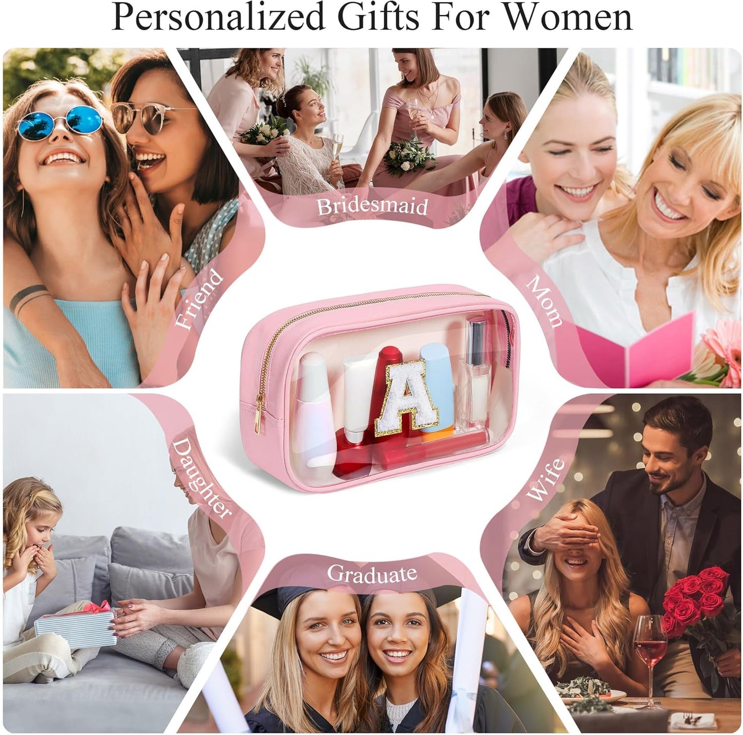 YOOLIFE Initial Travel Makeup Bag Pouch, Clear Toiletry Bag for Women Travel Accessories Cosmetic Bag Skin Care for Teen Make Up Bags Birthday Gifts for Women Unique Teacher Mom Friends Gifts Pink N