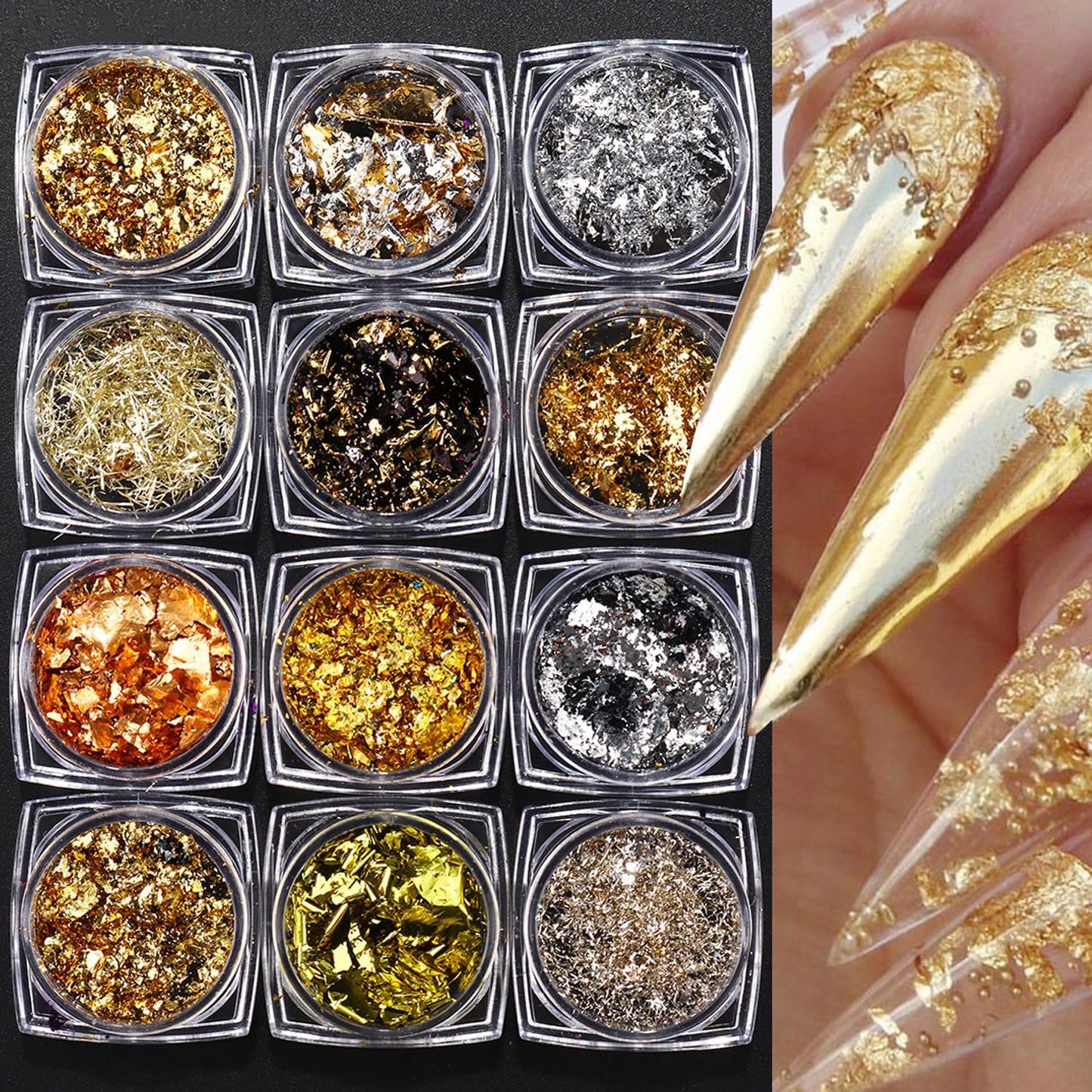 12 Boxes Aluminum Nail Flakes Foils Set - Gold Silver Irregular Paillette Nail Art Sequins 3D Shinny Ultra-Thin Aluminum Foil Nail Art Flakes Glitter Sticker for Manicure Decor DIY Crafts Accessory