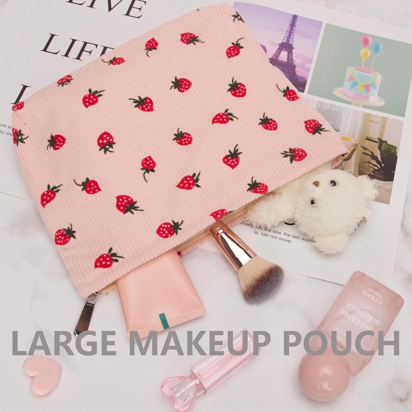 Makeup Bag Large Cotton Zipper Pouch for Purse Travel Canvas Make Up Organizer for Women Cosmetic,Strawberry Pink