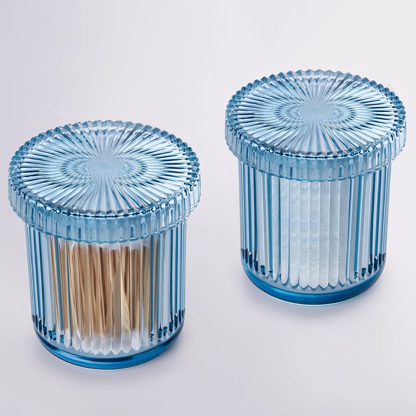2 Pack Qtip Holders for Bathroom, Clear Glass Apothecary Jars with Lids,Vintage Bathroom Canisters for Cotton Balls,Swabs,Floss Picks,Hair Ties,Vanity Organizer and Storage Decor (Blue)