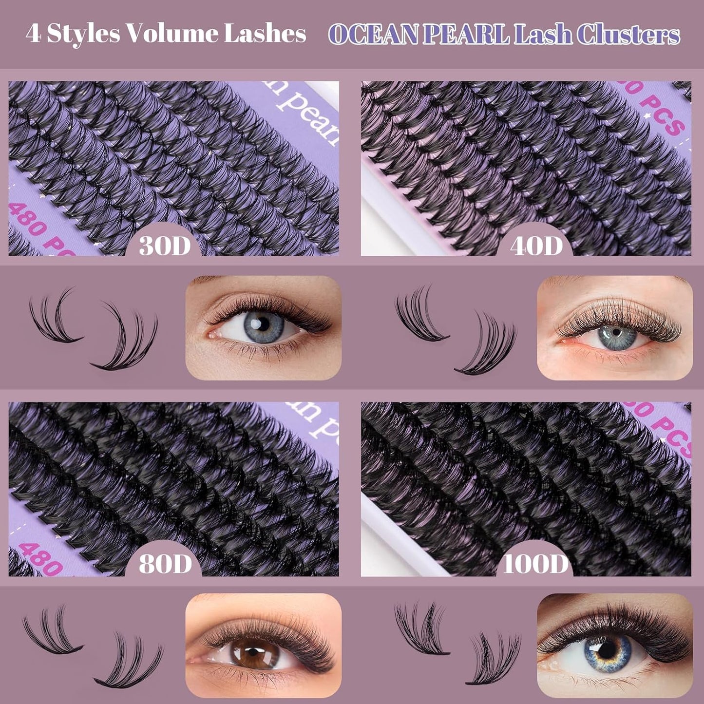 Ocean Pearl Lash Clusters 480PCS 11-20mm Individual Eyelash Extensions 30D+40D+80D+100D DIY Thick Volume Natural Lashes for Beginners at Home-4