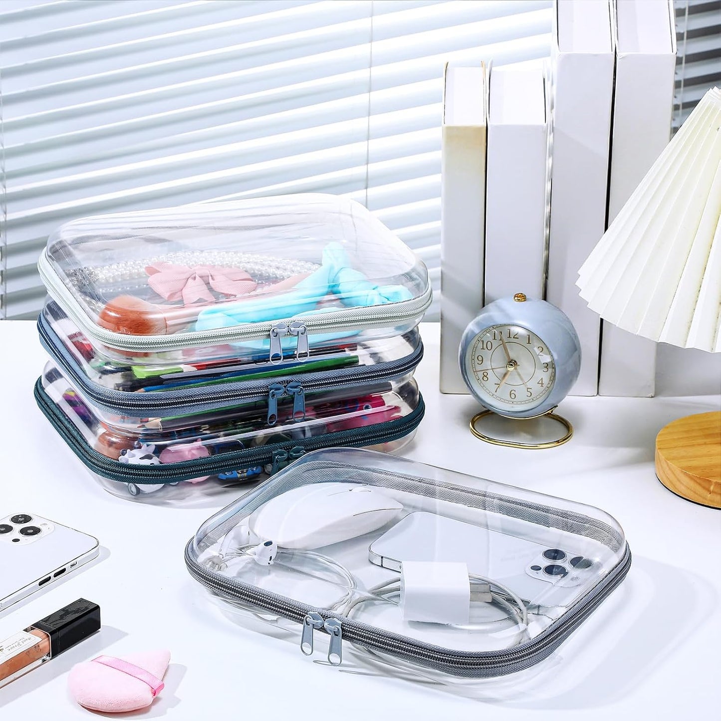 Hoolerry 4 Pcs Hard Clear Zipper Case Makeup Bags Plastic Pencil Pouch Transparent Storage Box Containers for Cosmetics, Snacks, Building Blocks, Puzzles(Morandi,9.8 x 7.9 x 2 in)