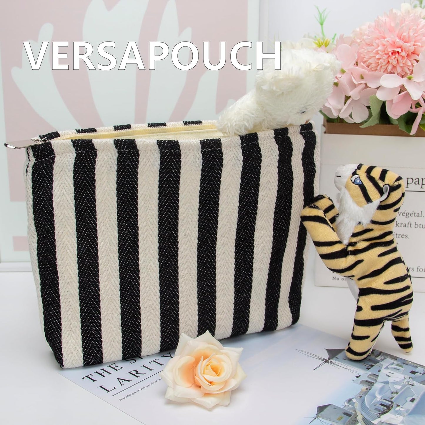 PAZIMIIK Makeup Bag Large Cotton Zipper Pouch for Purse Travel Canvas Make Up Organizer for Women Cosmetic,Stripe Black White