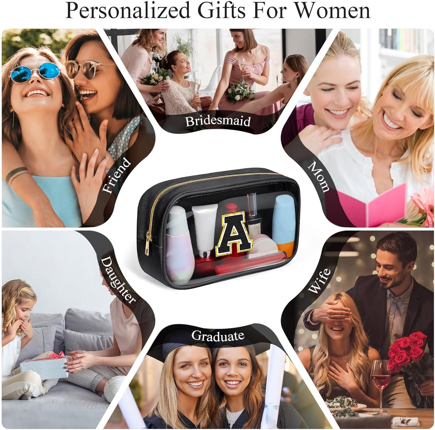 YOOLIFE Initial Make Up Bag Travel Toiletry Bag for Women, Clear Makeup Bag Organizer Cosmetic Bags Travel Essentials Gifts for Women Teen Girlfriend Teacher Mom Birthday Mothers Day Gifts Black E