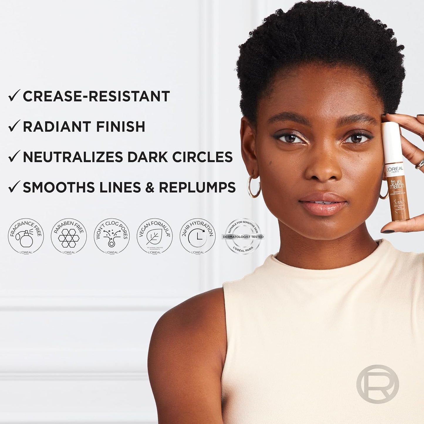 L’Oréal Paris True Match Radiant Serum Concealer, Brightening Under Eye Concealer Make Up with 1.5% Hyaluronic Acid and Caffeine, W4, 0.33 Oz