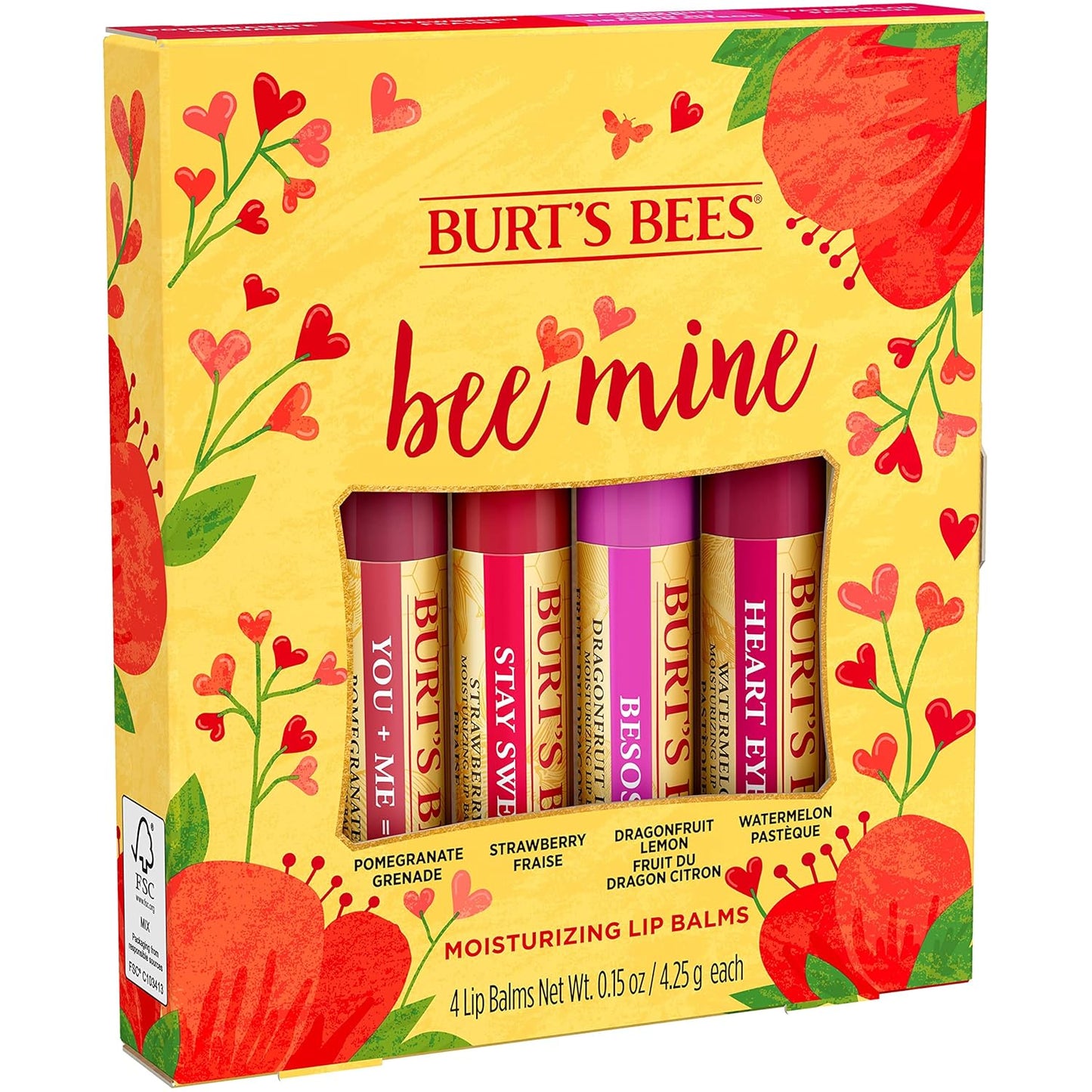 Burt's Bees Bee Mine Lip Balm Gift Set, Strawberry, Dragonfruit Lemon, Pomegranate and Watermelon, 4 Personalized Lip Balms, Pack May Vary