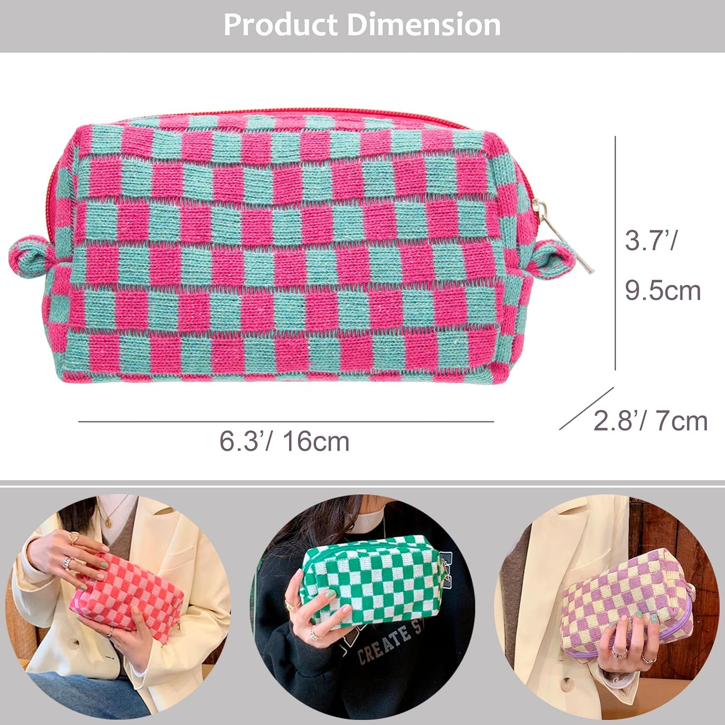 PAZIMIIK Checkered Makeup Bag for Purse Portable Zipper Make Up Pouch Small Cosmetic Case for Travel Accessories Magenta Green