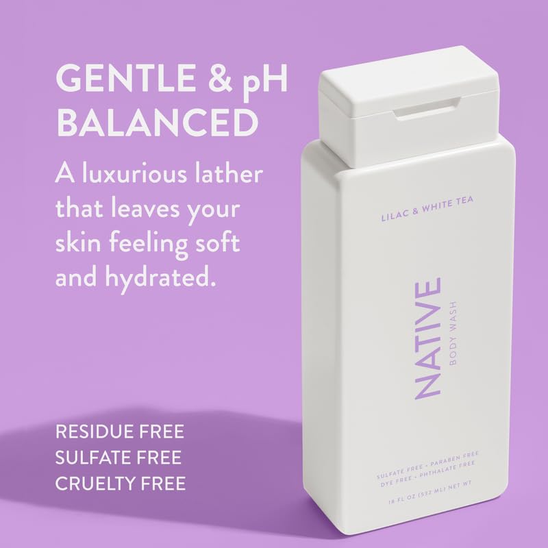 Native Body Wash Contains Naturally Derived Ingredients | For Women & Men, Sulfate, Paraben, & Dye Free Leaving Skin Soft and Hydrating | Lilac & White Tea 18 oz - 2 Pk