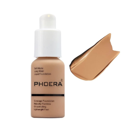 PHOERA Foundation, Flawless Soft Matte Liquid Foundation 24 HR Oil Control Concealer Foundation Makeup. (1 Pcs-105- Sand)