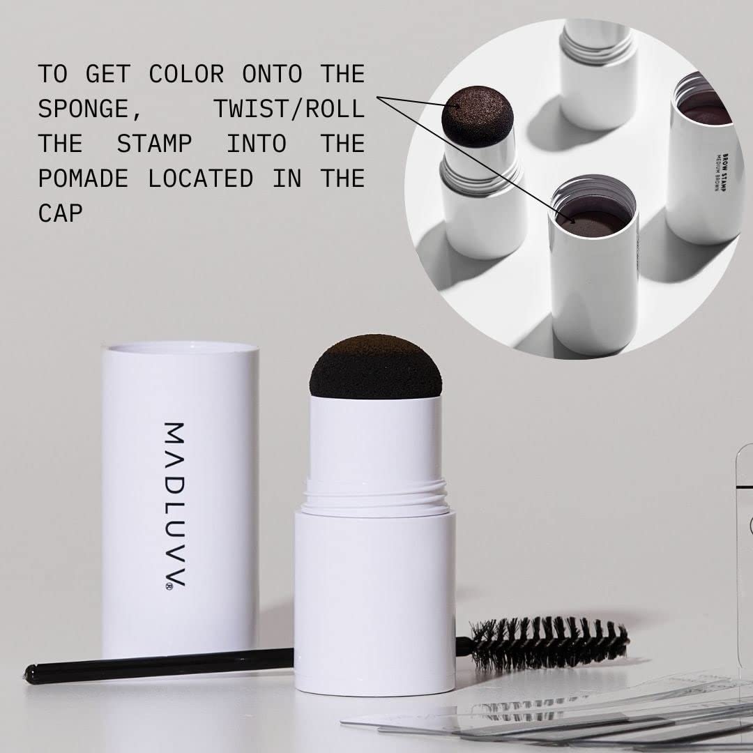 MADLUVV Brow Stamp Kit with Brow Stencils – Easy Eyebrow Shaper for Natural-Looking Brows – Popular Eyebrow Stencil Kit Used by Professionals – 9 Shapes, Spoolie, Travel Bag & Stamp (Dark Brown)