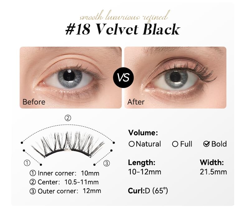 Soft Magnetic Eyelashes Kit with Applicator, No.18 Velvet Black, Reusable Glue-free Wispy Magnetic Lashes, Cruelty-free False Lashes, Waterproof, Lightweight, Suit for Heavy Makeup