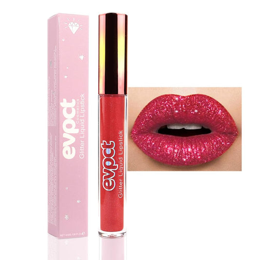 evpct 1Pcs Hot Bright Red Glitter Metallic Shimmer Diamond Lipstick Lip Gloss Stain Set for Women Long Lasting Waterproof, Dark Red Sparkle Glitter Matte long wear Liquid Lipstick Lip Makeup Kit