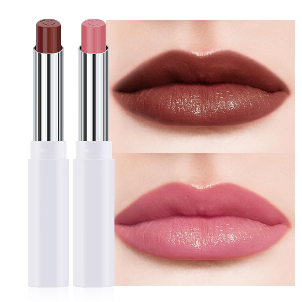 2Pcs Tinted Lip Balm Moisturizing Lipstick – Waterproof Hydrating Matte Lip Balm for Women, Creamy Natural Color Stain for Dry Lips, Soft Matte Finish (#5 Deep Cherry Brown & #08 Alluring Pink)