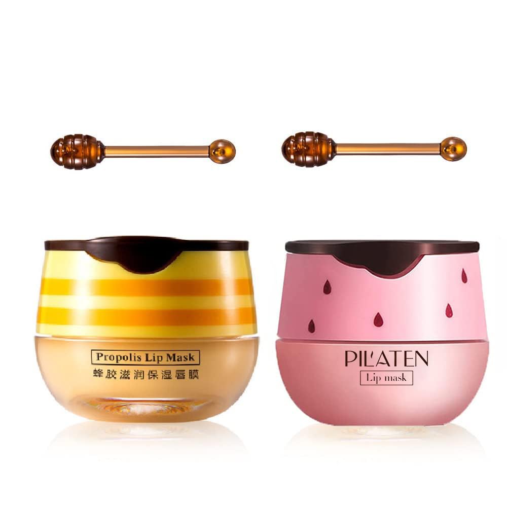 2PCS Bee Balm Honey Pot,Propolis Moisturizing Lip Mask,Hydrating & Prevention Dry and Cracked Lip Scrubs Exfoliator