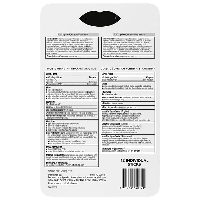 Lip Balm - Variety Pack Original, Cherry, Strawberry, Moisturizer & Total Hydration - 12 count.