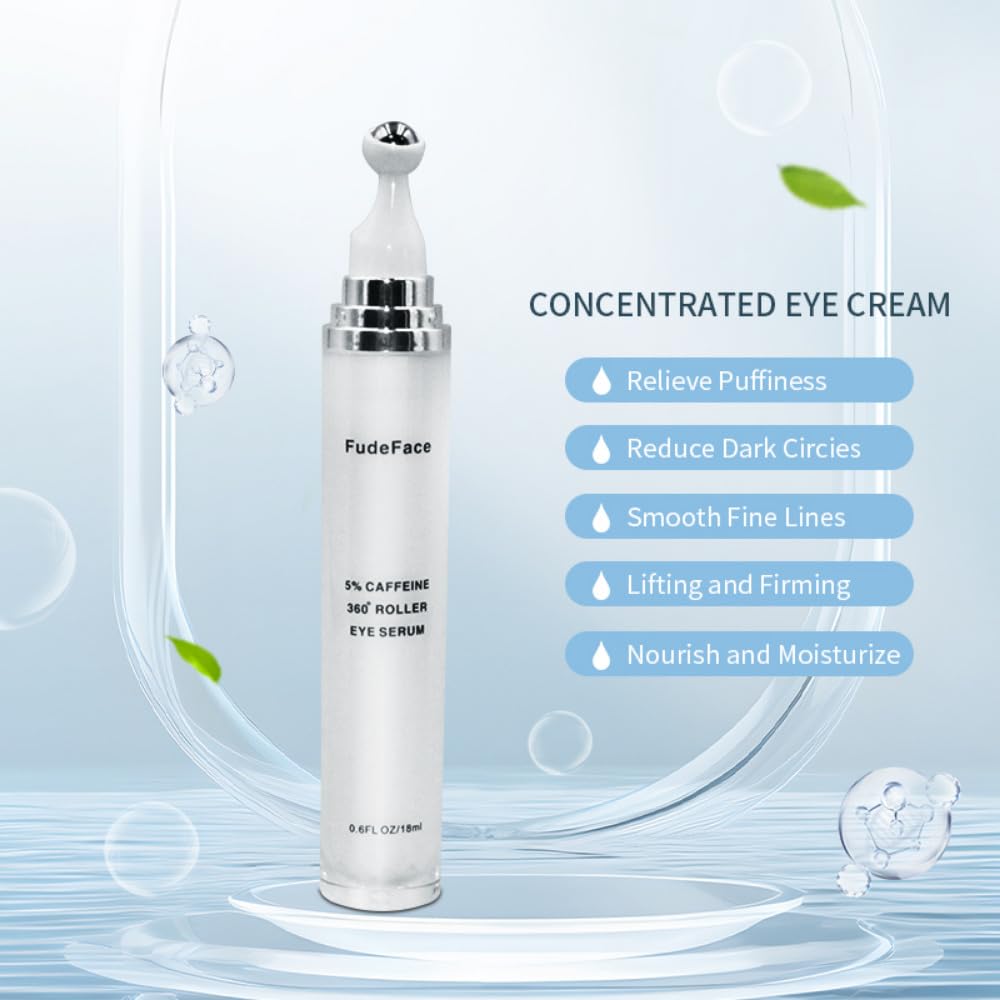 5% Caffeine Eye Serum and Under Eye Roller Cream for Dark Circles and Puffiness, Cafeine with 360° Massage Ball Reduce Wrinkles and Fine Lines,Bags under eyes