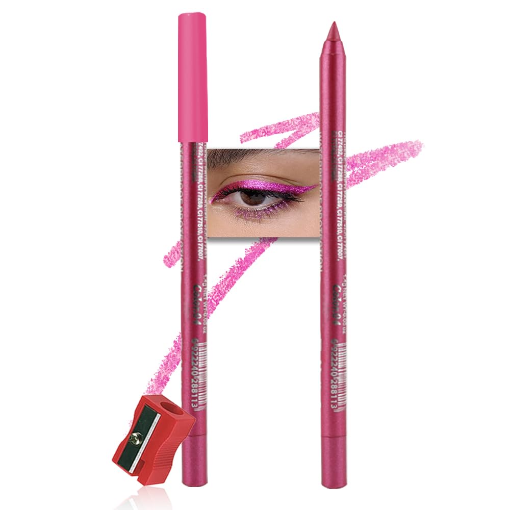 evpct Hot Pink Glitter Eyeliner Pencils for Eyes, Pink Metallic Shimmer Eye Liner Pencil Makeup Waterproof Smudge Proof, Colored Gel Waterline Eyeliner Liquid, Face Eye Paint Stick Halloween Makeup 04