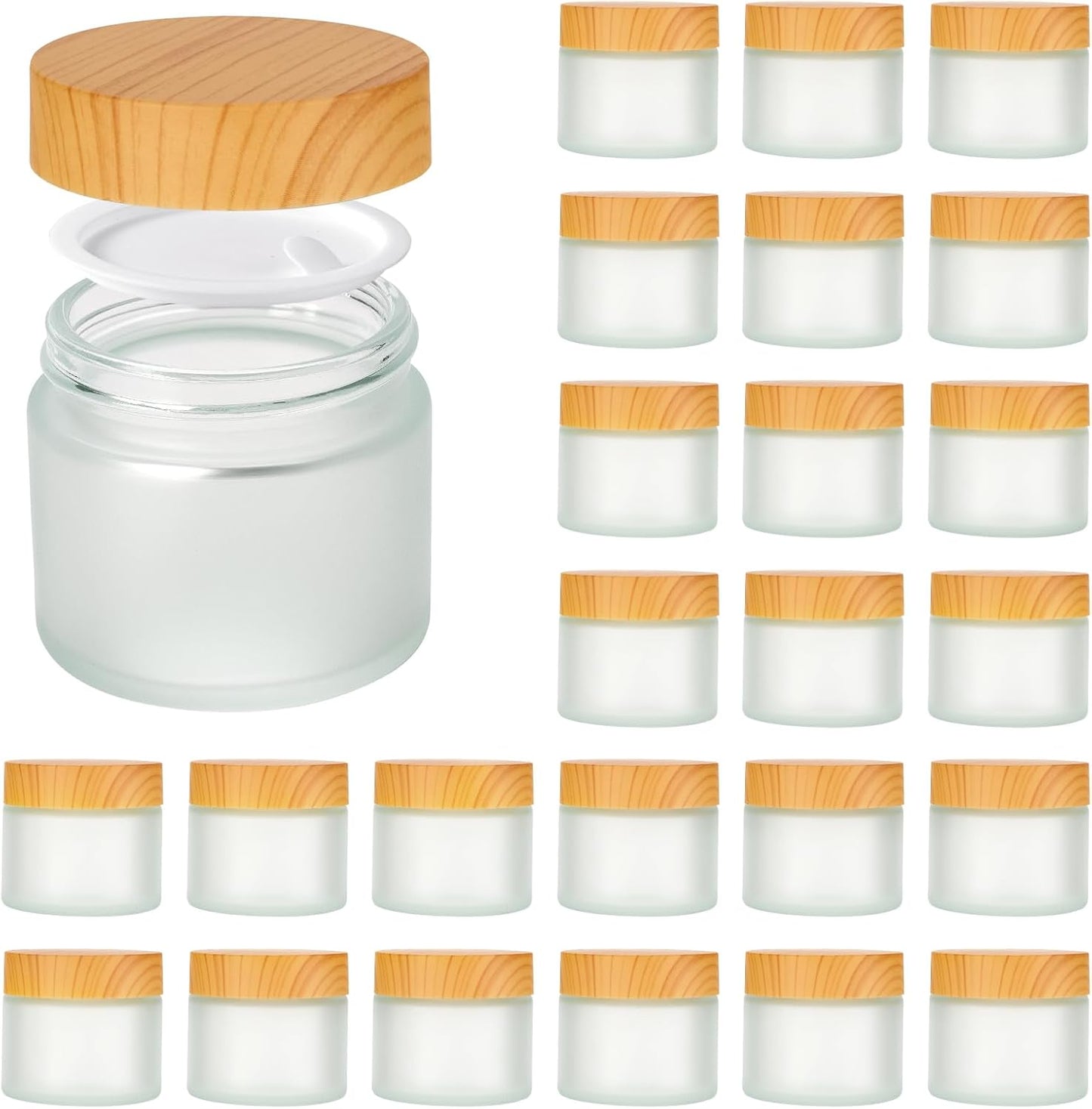2oz Jars with Lids, Hoa Kinh 24 Pack Frosted Glass Jars with Woodgrain Lids Empty Cosmetic Containers Round Airtight Glass Jar with Inner Liners and Lid for Storing Lotions, Powders, and Ointments