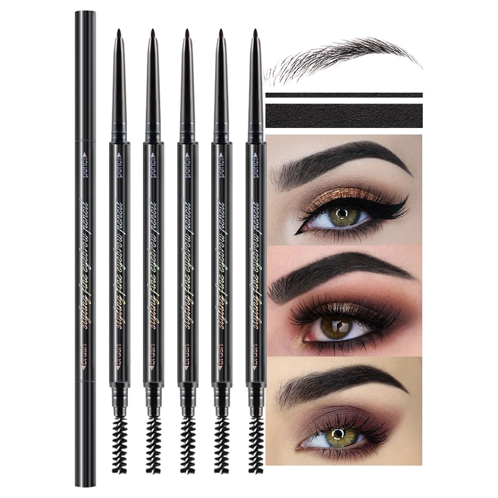 Black Ultra-Fine Tip Eyebrow Pencils Pack for Women, Mechanical Precise Brow Pencil,Draws Tiny Brow Hairs, Defines, Fills Brows, Shapes, Contours, Combs, Waterproof Dual-Sided