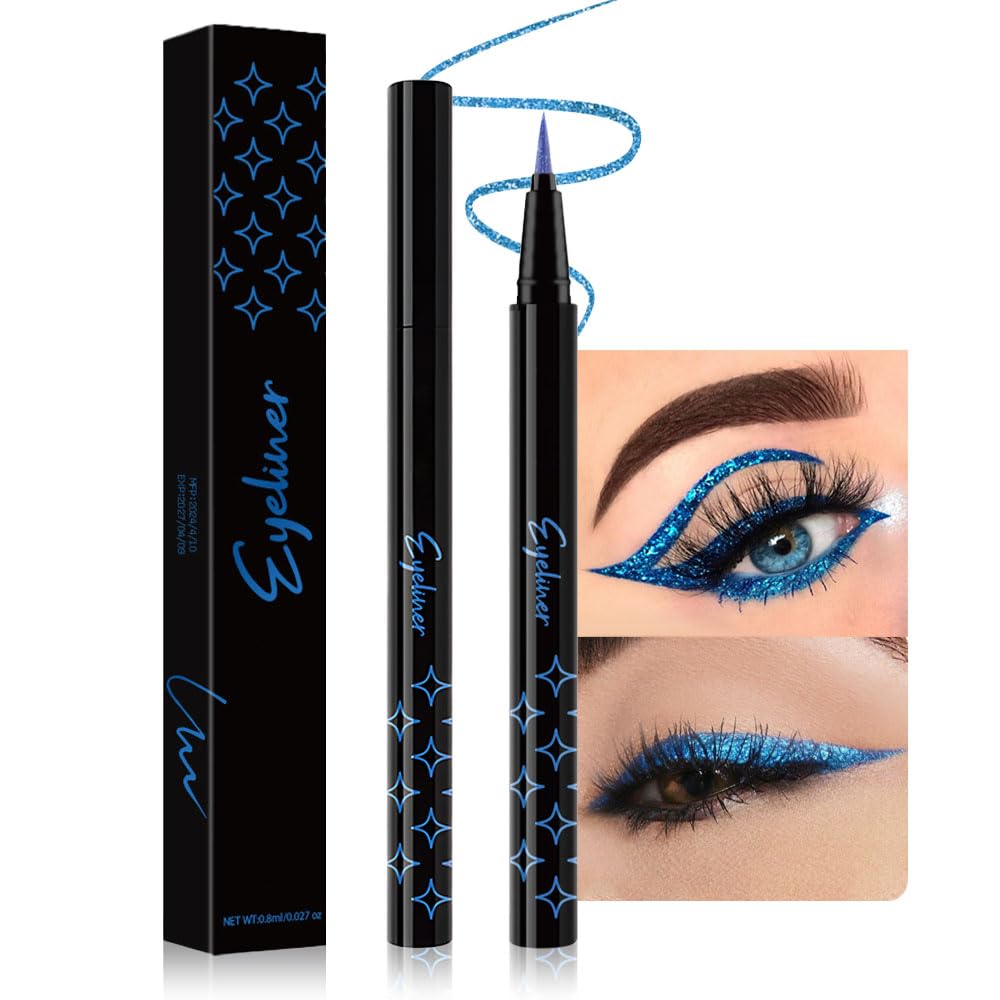 evpct 1Pcs Royal Blue Glitter Liquid Eyeliner Makeup, Light Blue Metallic Shimmer Eyeliner Liquid Eye Liner Eyeshadow Pencil Face Gems Glitter Facepaint Makeup, Blue Eyelashes Mascara hair Accessories