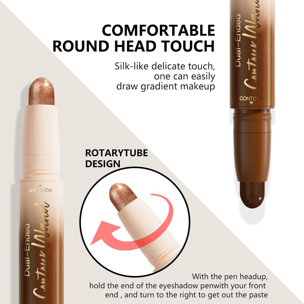 Dual-Ended 2-in-1 Cream Contour & Highlighter Stick – Waterproof, Long-Lasting for Face & Body Makeup, Suitable for All Skin Tones, 06#Black Cocoa + Bronzer Shimmer