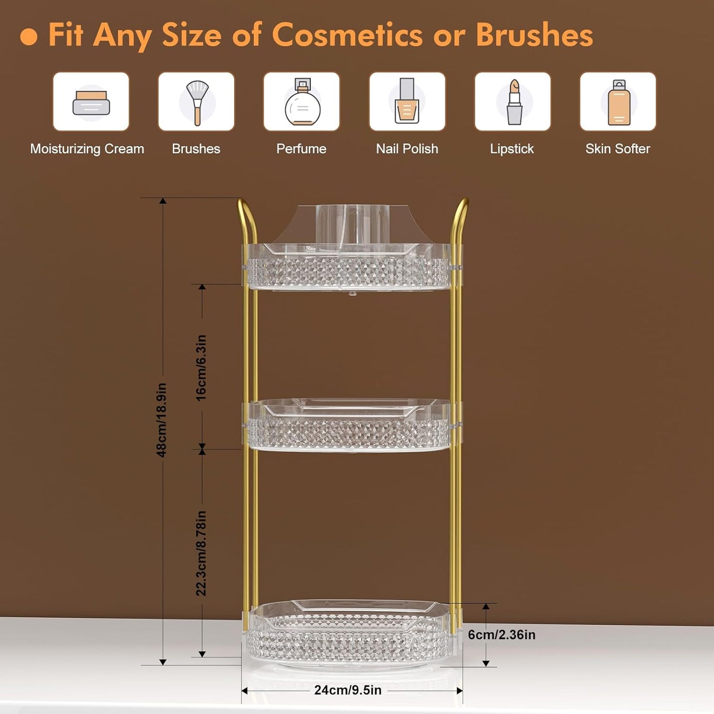 Awenia Rotating Makeup Organizer 360, Stackable Adjustable Large Capacity Cosmetic Storage Unit,Dresser Bathroom Kitchen Countertop Organizer with Metal Handle, Plus Size (Clear, 3 Tier)