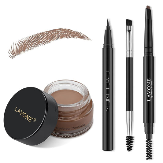 LAVONE Eyebrow Stamp Pencil Kit - Trio Makeup Brow Stamp Kit with Waterproof Eyebrow Pencil, Eyeliner, Pomade, Dual-ended Brush - Ash Brown