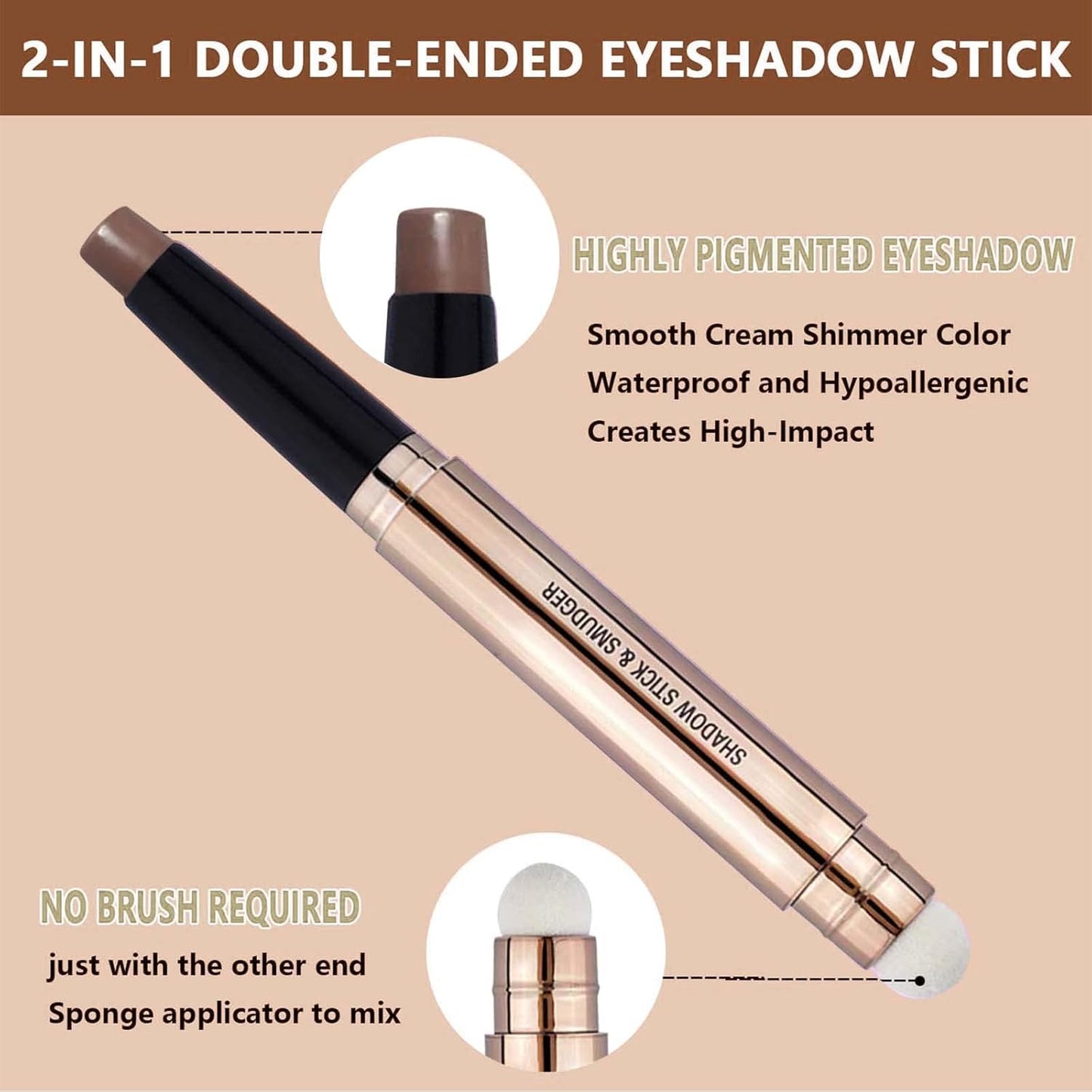 Brown Eyeshadow Stick Makeup, Highlighter Matte Cream Eye Shadow Pencil, Waterproof Hypoallergenic Long Lasting Crayon, Glitter Primer Palette Shimmer Eyeliner Pen wiht Soft Brush