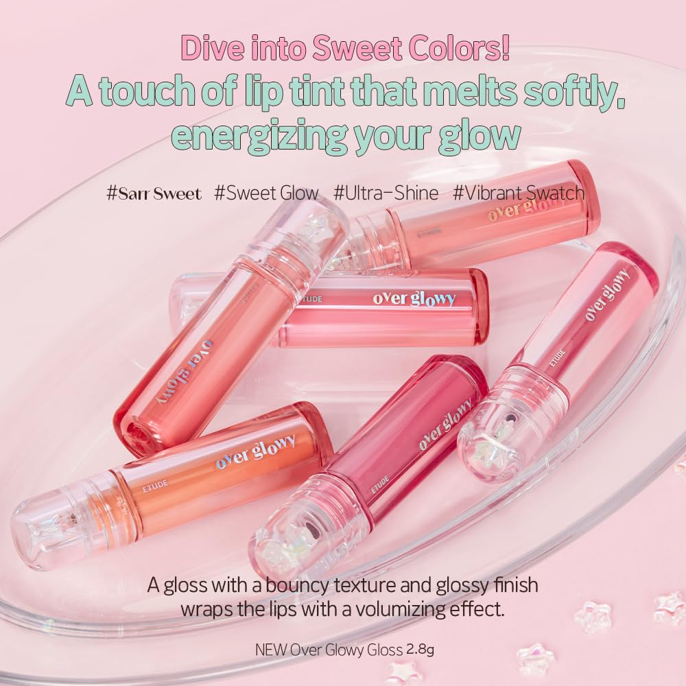 ETUDE Over Glowy Lip Gloss #2 Cotton Candy | Non-Sticky Vegan Lip Tint | Moisturized & Long-lasting Lip Gloss | Daily Tint for Dry Lips, Korean Makeup, K-beauty, Perfect for Gift