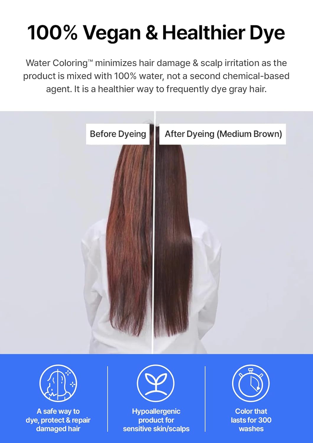 Korean Water Coloring for Gray Hair Coverage Dye, Dark Brown, 3 Packets, Quick & Natural Hair Tint, Vegan & Cruelty-Free Gray Cover, For All Hair Types, 30g (1.05 oz)