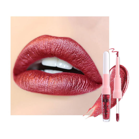 Kaely 2-in-1 Dark Red Metallic Lipstick and Lip Liner, Shimmer Liquid Metallic Lipsticks for Women, Glitter Lip Gloss Stain Long Lasting Waterproof Smudge Proof 24 Hour, Vegan Makeup, 01