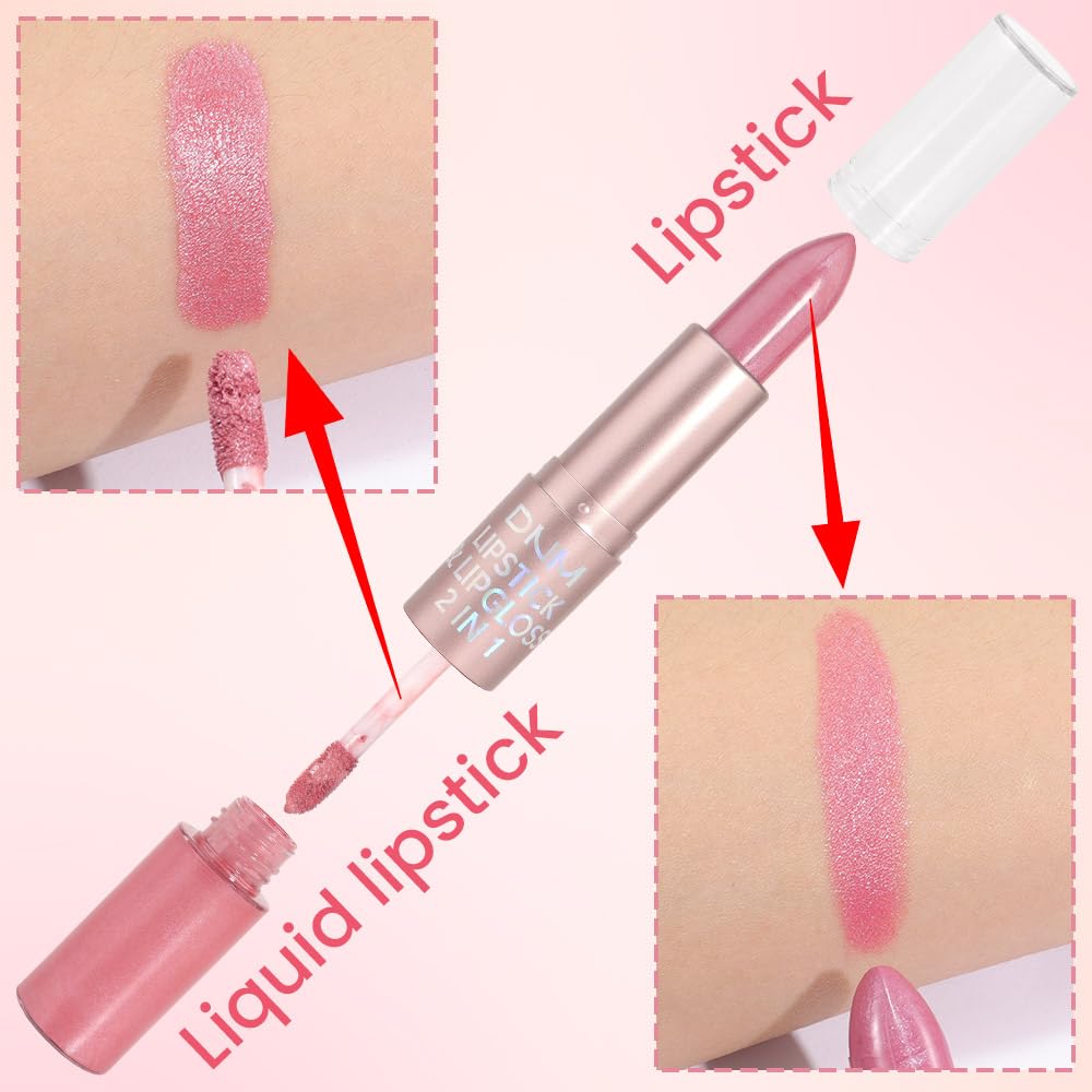 evpct 2 in 1 Light Pink Glitter Metallic Shimmer Diamond Lipstick and Lip Gloss Set for Women Long Lasting Waterproof, Bright Rose Pink Sparkle Glitter Shiny Lipstick and Lip Liner Makeup set, 01#